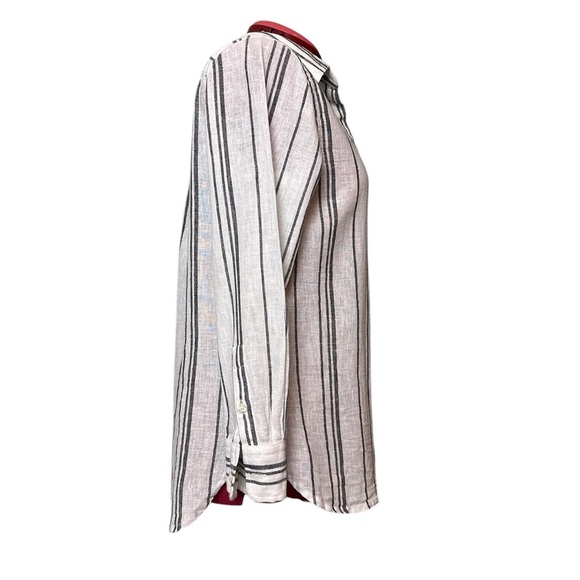 Chaps Petite classic linen and cotton blend button-up blouse vertical stripes - Picture 4 of 10